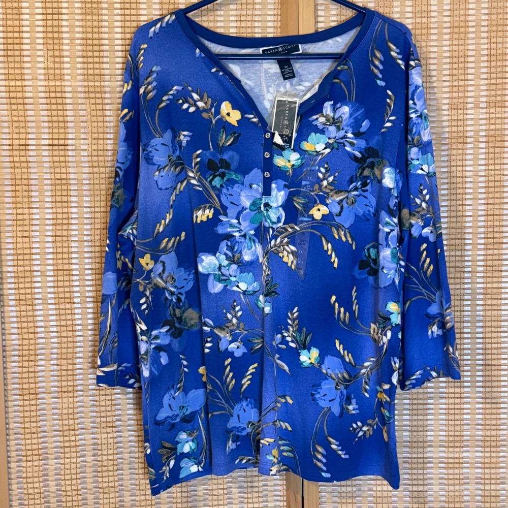 Karen Scott Woman Blue Floral Henley Top 3/4 Sleeve Plus Size 3X NWT Cottage